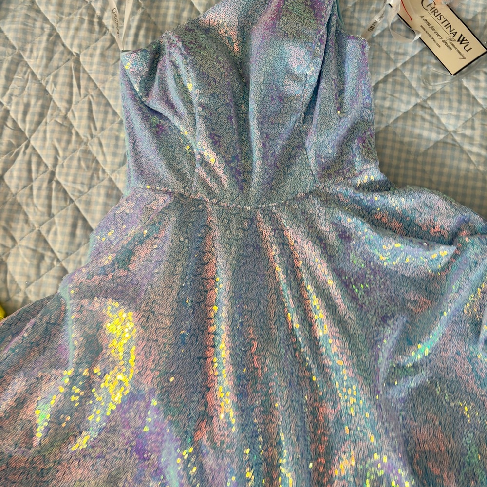 Christina Wu Iridescent One Shoulder Dress